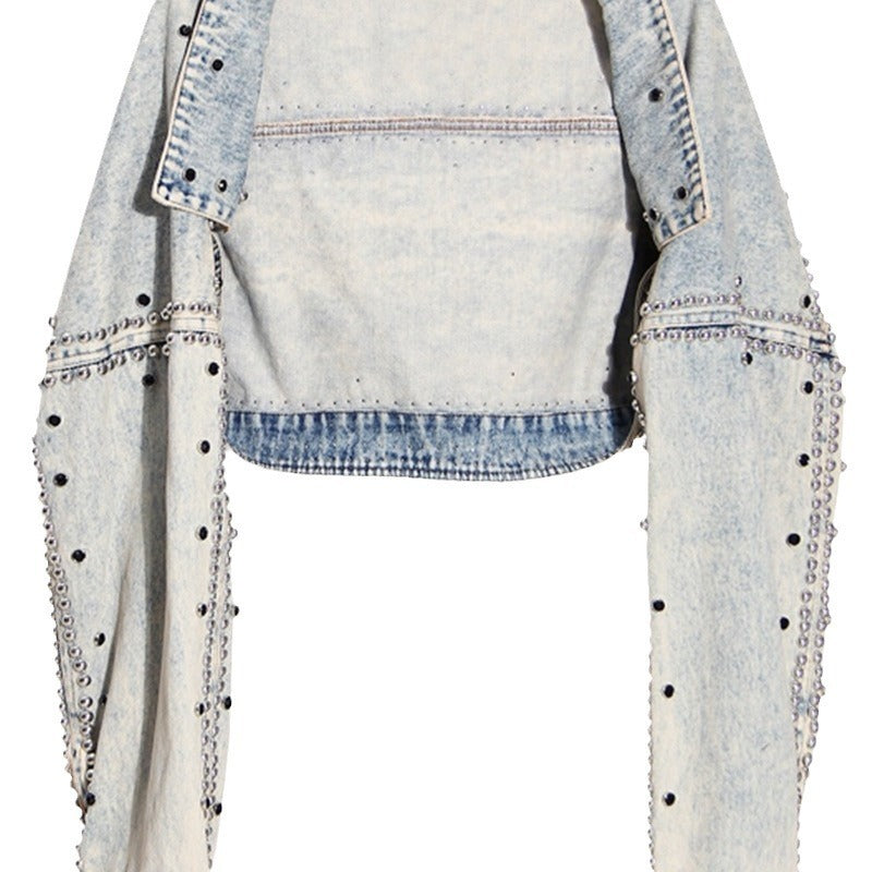 Niche Rivets With Diamonds High Waist Shawl Denim Short Coat