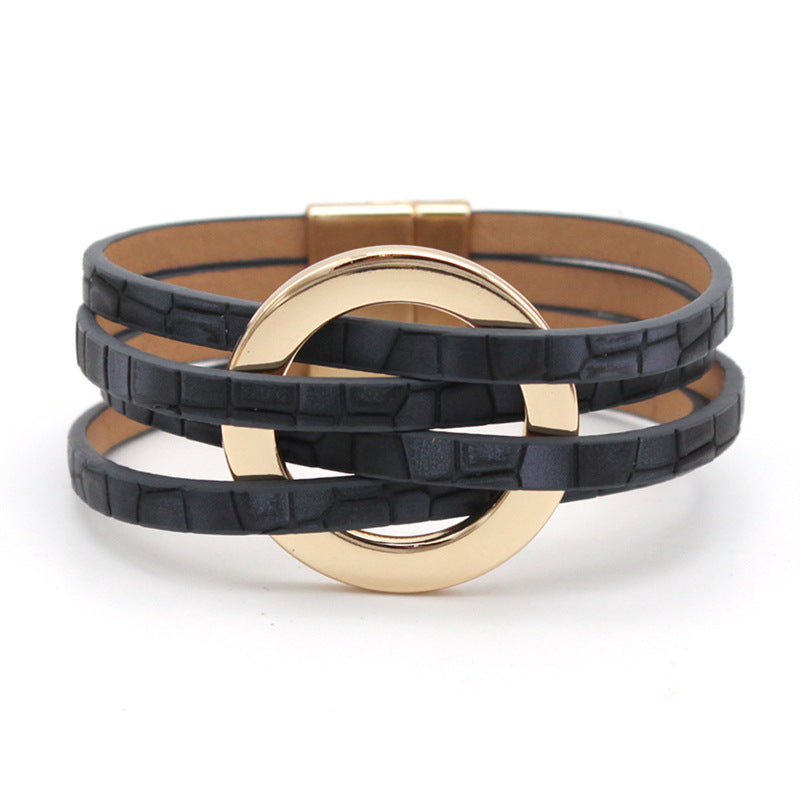 Cross Leather Women Bracelet Metal Big Ring Cuff Bangle Multi-layer Wristband Magnetic Snap Bangle