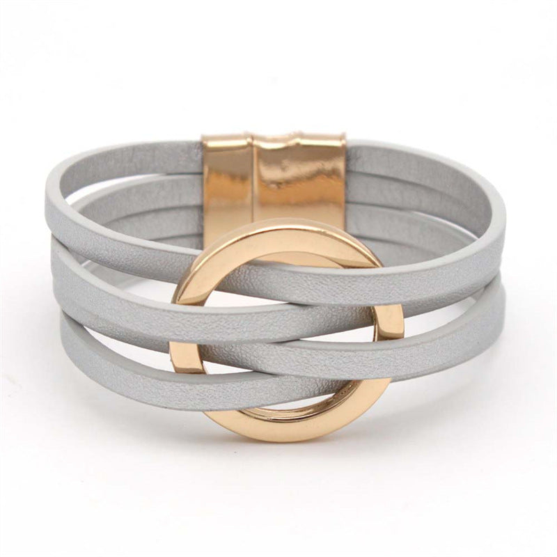 Cross Leather Women Bracelet Metal Big Ring Cuff Bangle Multi-layer Wristband Magnetic Snap Bangle