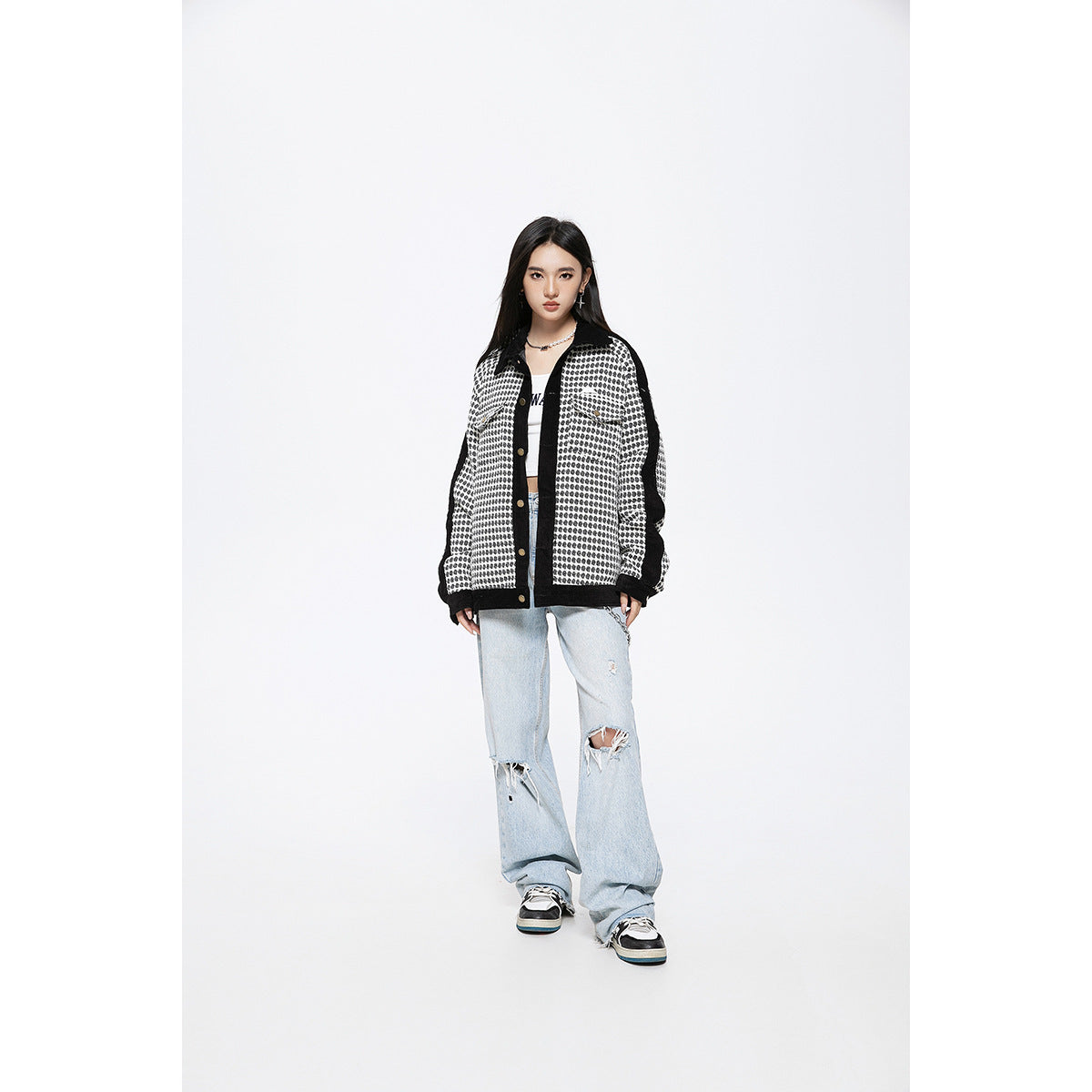 Retro Color Contrast Patchwork Polo Collar Jacket
