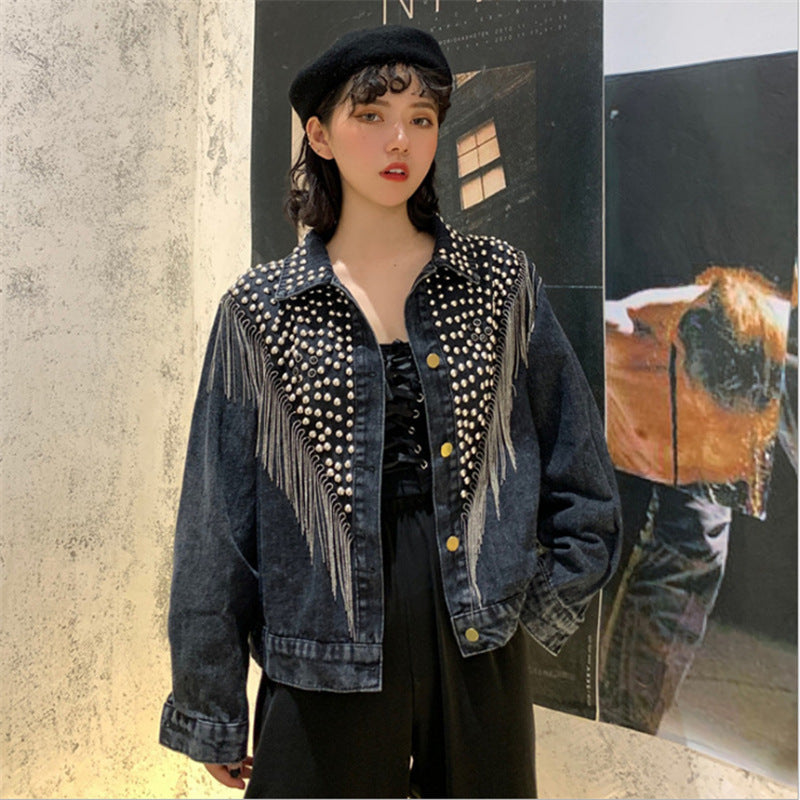Heavy Industry Beaded Diamond Tassel Short Denim Jacket