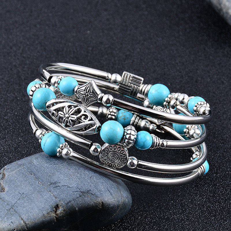 Multi-circle Layered Natural Stone Turquoise Winding Bracelet