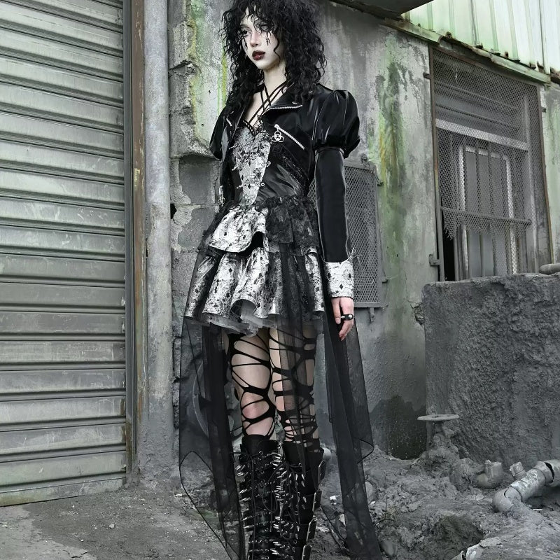Niche PU Fishnet Stitching Long Sleeve Leather Coat