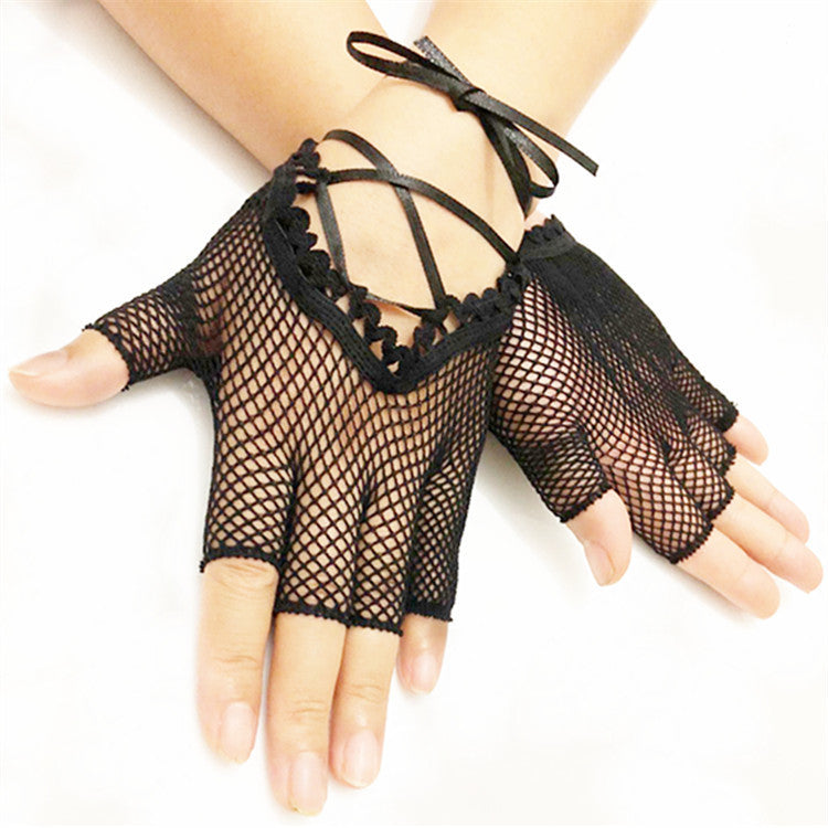 Cross-cut Fishnet Half-finger Gloves With Ribbon