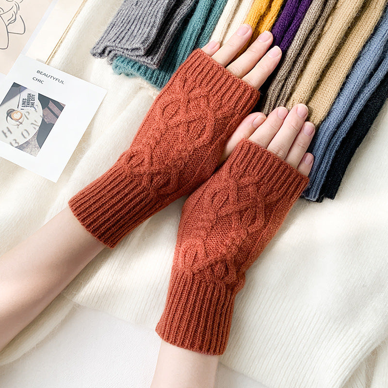 Women's Fashion Solid Color Half Finger Wool Gloves