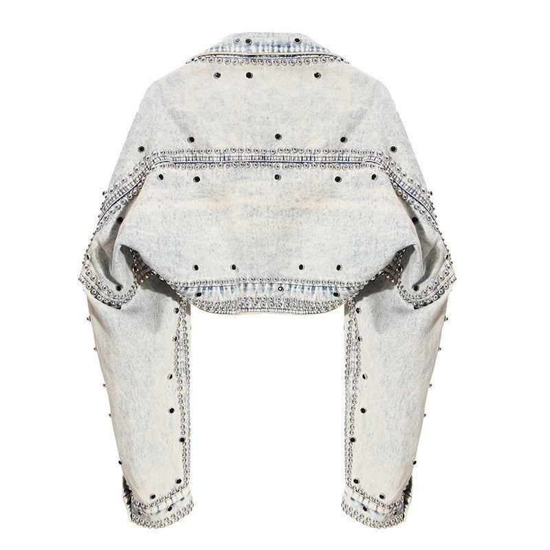 Niche Rivets With Diamonds High Waist Shawl Denim Short Coat