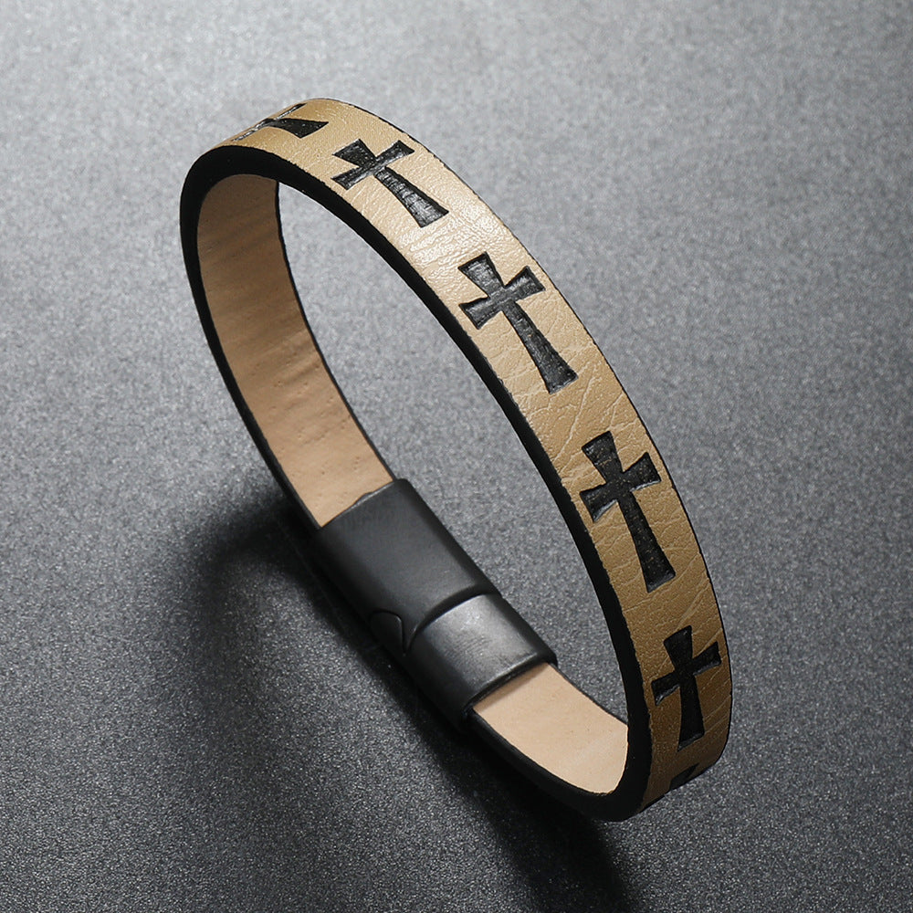 Alloy Leather Bracelet Printed Cross Magnetic Buckle Bracelet