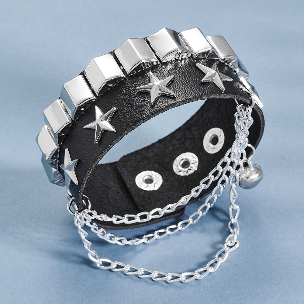 Rivet Star Pentagram Wrap Silver Multi-layered Chains Leather Bracelet Women Pentagram Wrap Bracelet Wristband For Women Hip Hop Jewelry