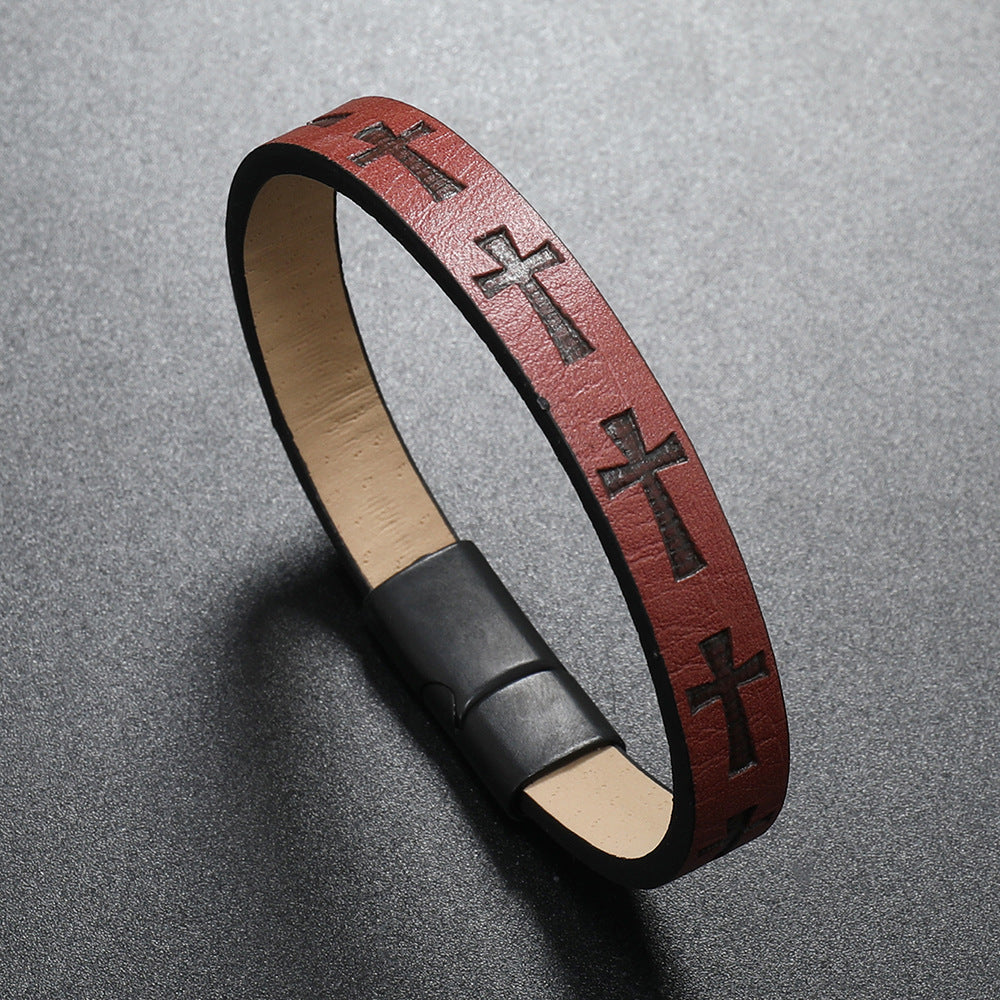 Alloy Leather Bracelet Printed Cross Magnetic Buckle Bracelet