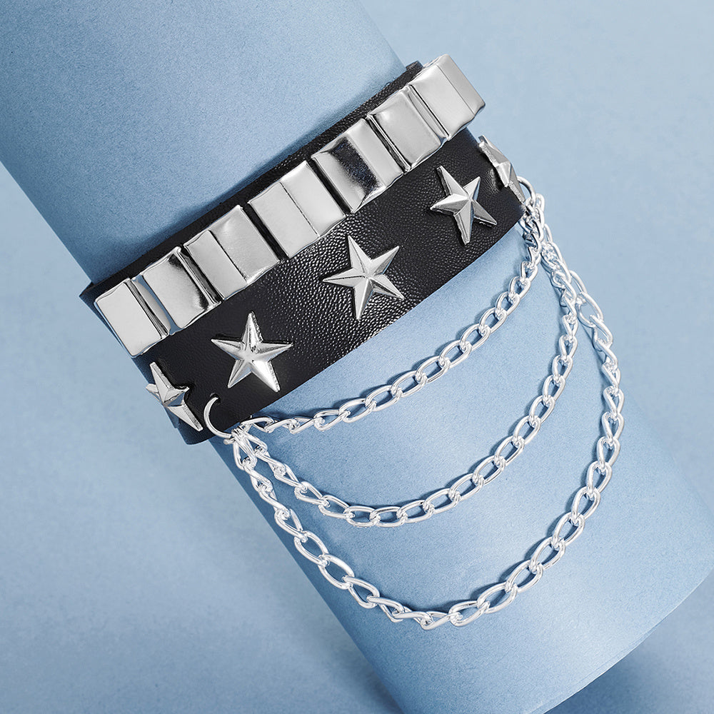 Rivet Star Pentagram Wrap Silver Multi-layered Chains Leather Bracelet Women Pentagram Wrap Bracelet Wristband For Women Hip Hop Jewelry