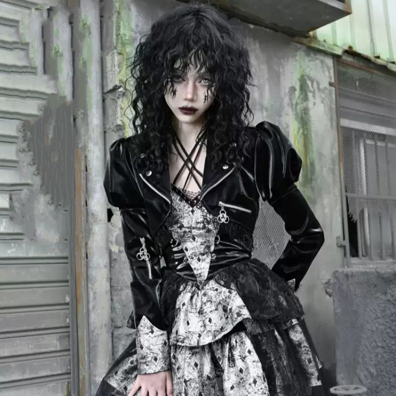Niche PU Fishnet Stitching Long Sleeve Leather Coat