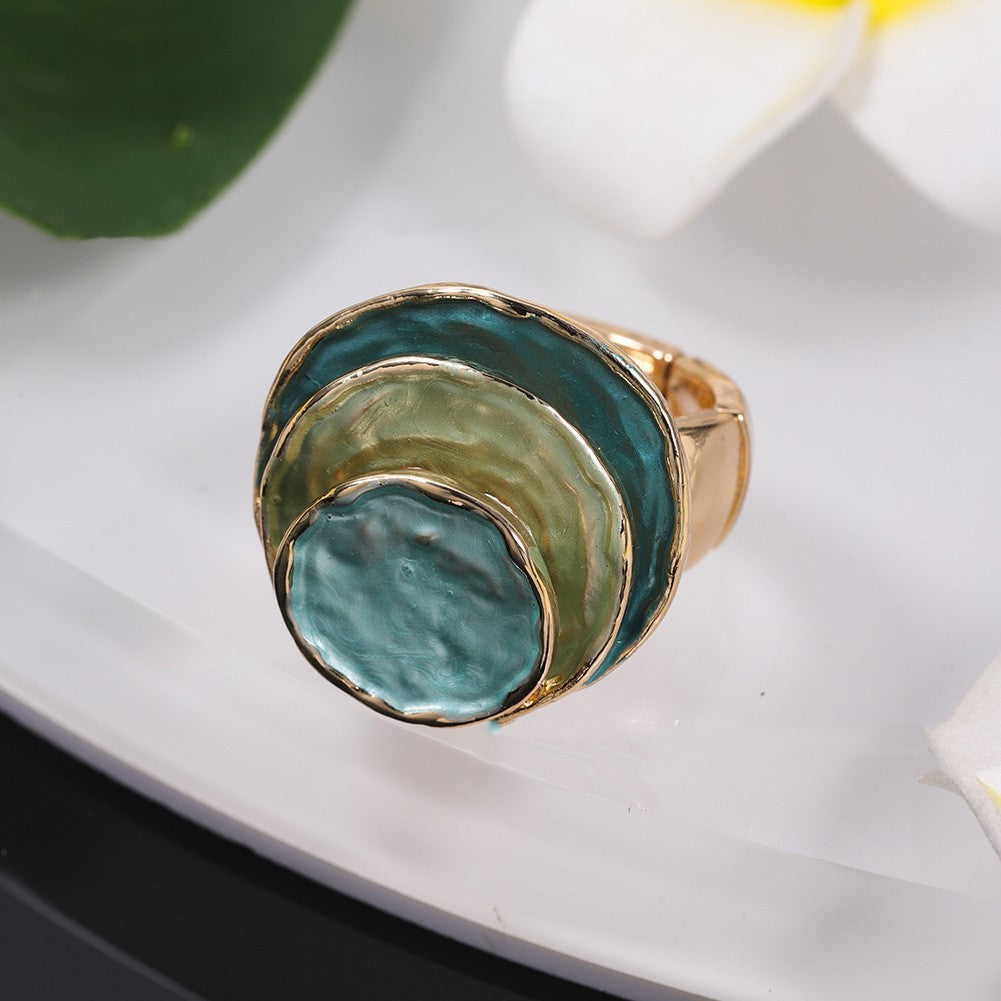 Zinc Alloy Geometric Three-layer Round Enamel Drop Oil Level Women's Elastic Ring