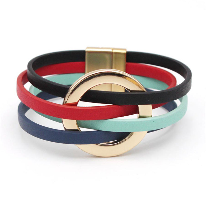 Cross Leather Women Bracelet Metal Big Ring Cuff Bangle Multi-layer Wristband Magnetic Snap Bangle