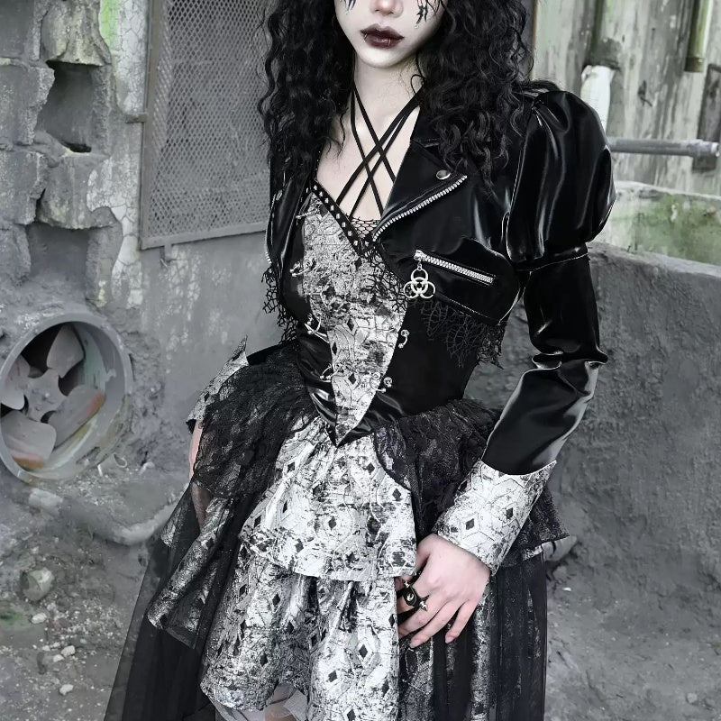 Niche PU Fishnet Stitching Long Sleeve Leather Coat