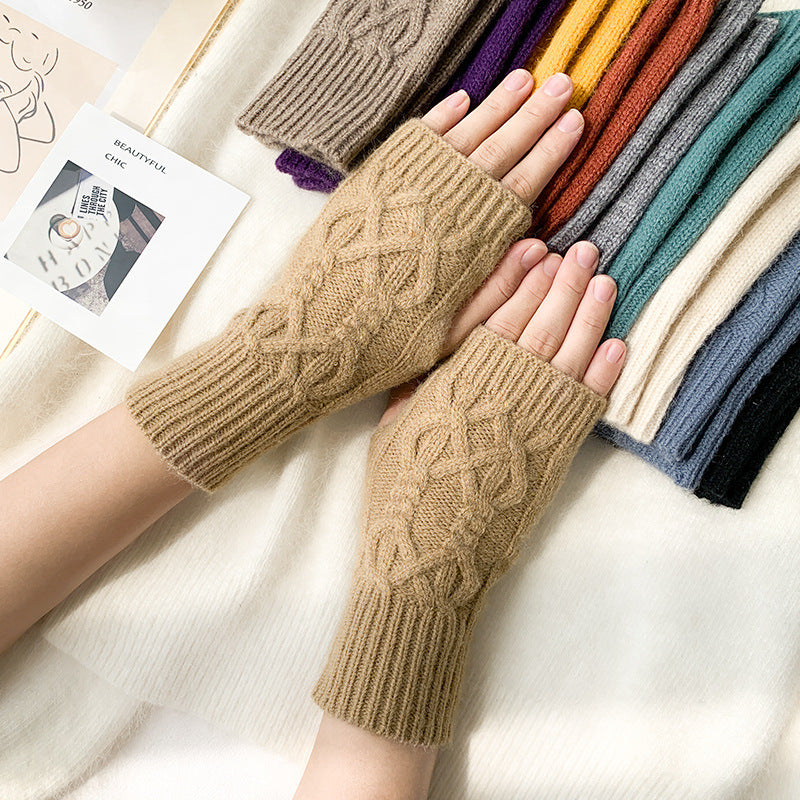 Women's Fashion Solid Color Half Finger Wool Gloves
