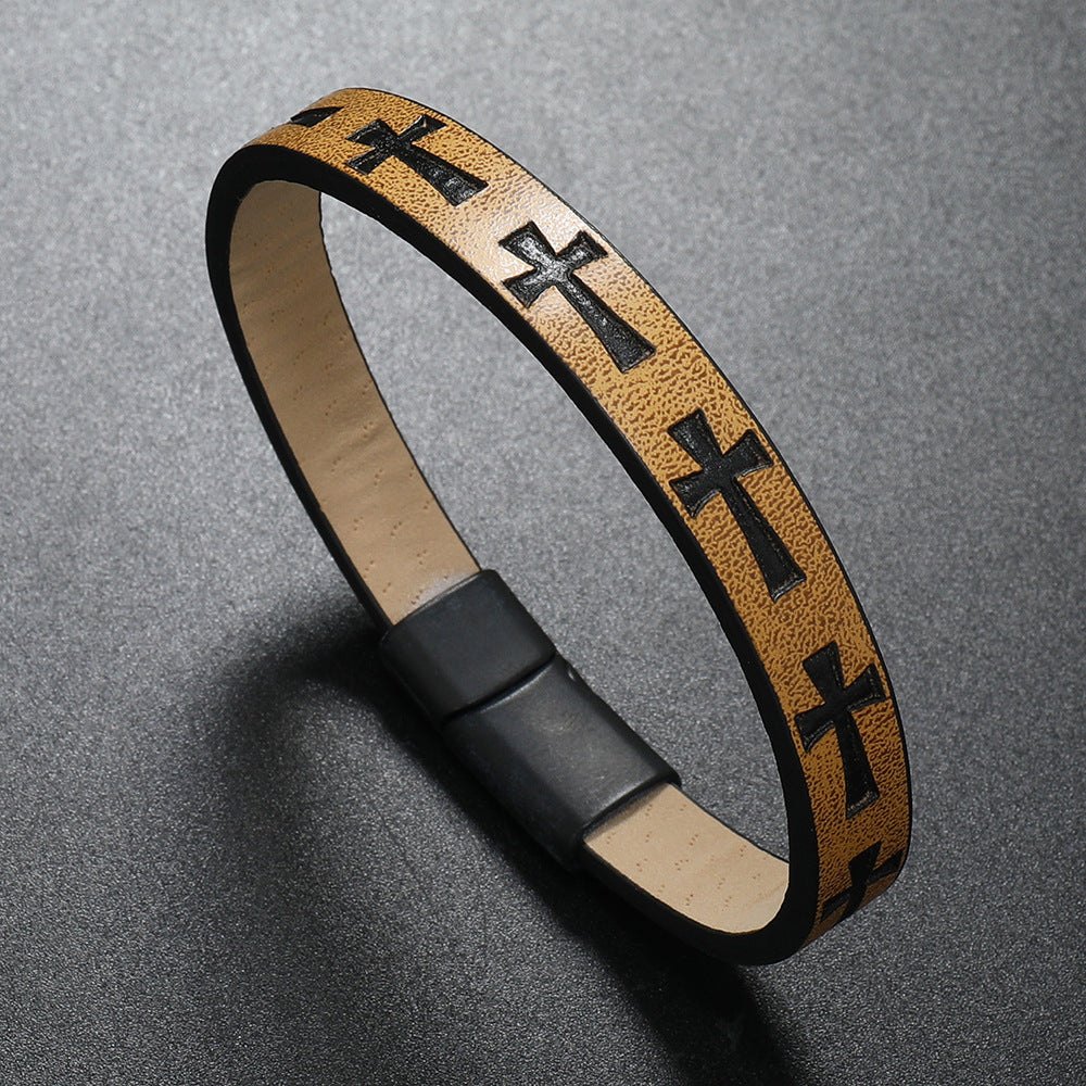 Alloy Leather Bracelet Printed Cross Magnetic Buckle Bracelet