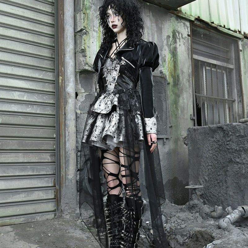 Niche PU Fishnet Stitching Long Sleeve Leather Coat