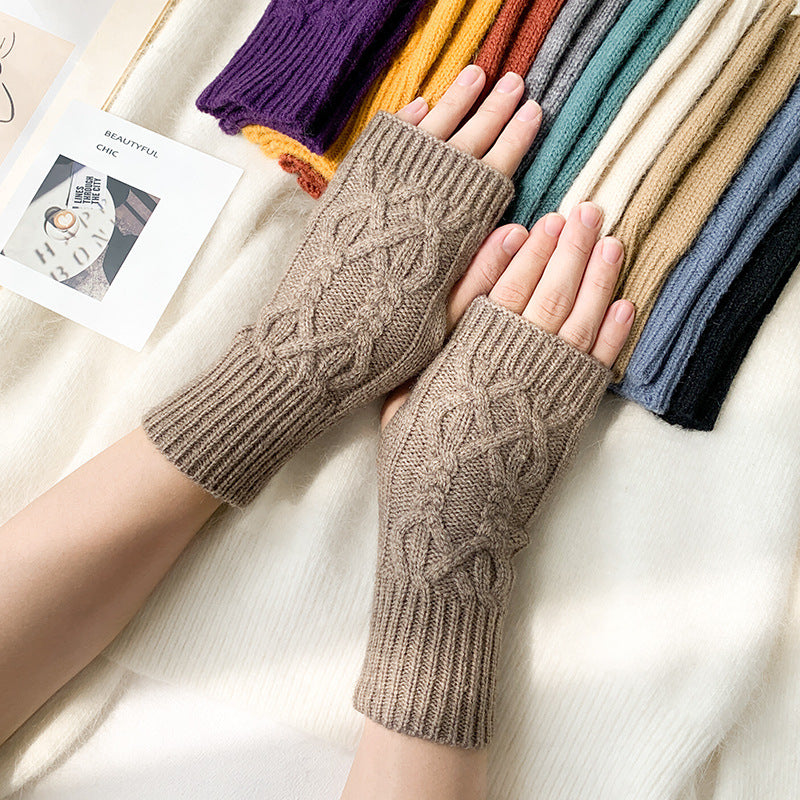 Women's Fashion Solid Color Half Finger Wool Gloves