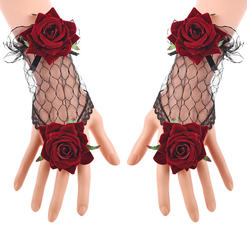 Vintage Lolita Lace Gloves Burgundy Rose Bracelet