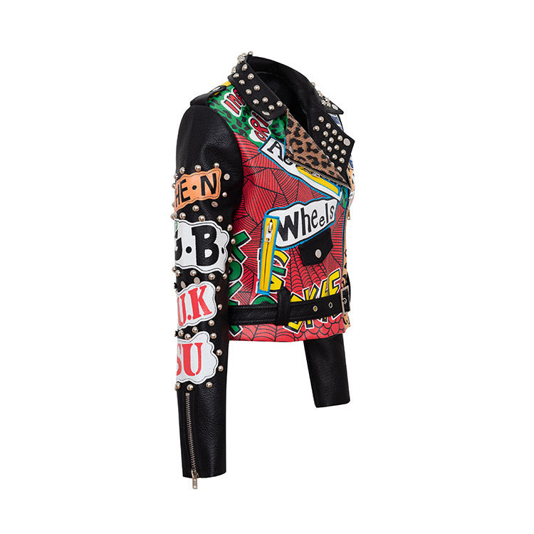Chain Leather Jacket Printed Half Collar Stud Cropped Top Slim