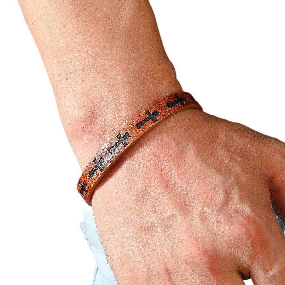 Alloy Leather Bracelet Printed Cross Magnetic Buckle Bracelet