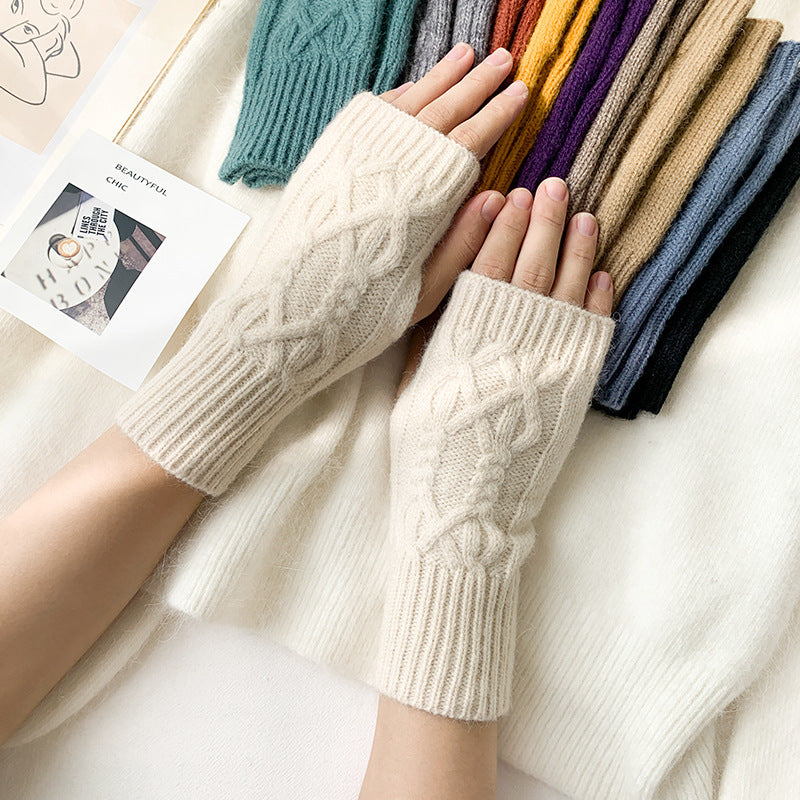 Women's Fashion Solid Color Half Finger Wool Gloves