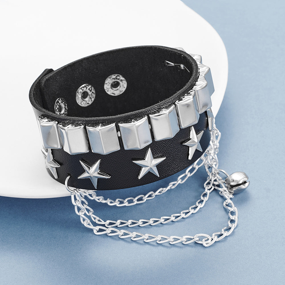 Rivet Star Pentagram Wrap Silver Multi-layered Chains Leather Bracelet Women Pentagram Wrap Bracelet Wristband For Women Hip Hop Jewelry