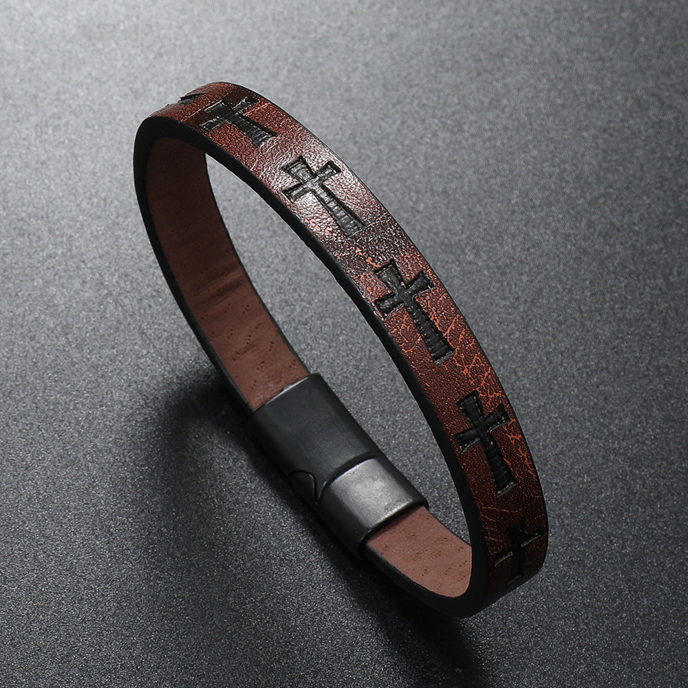 Alloy Leather Bracelet Printed Cross Magnetic Buckle Bracelet