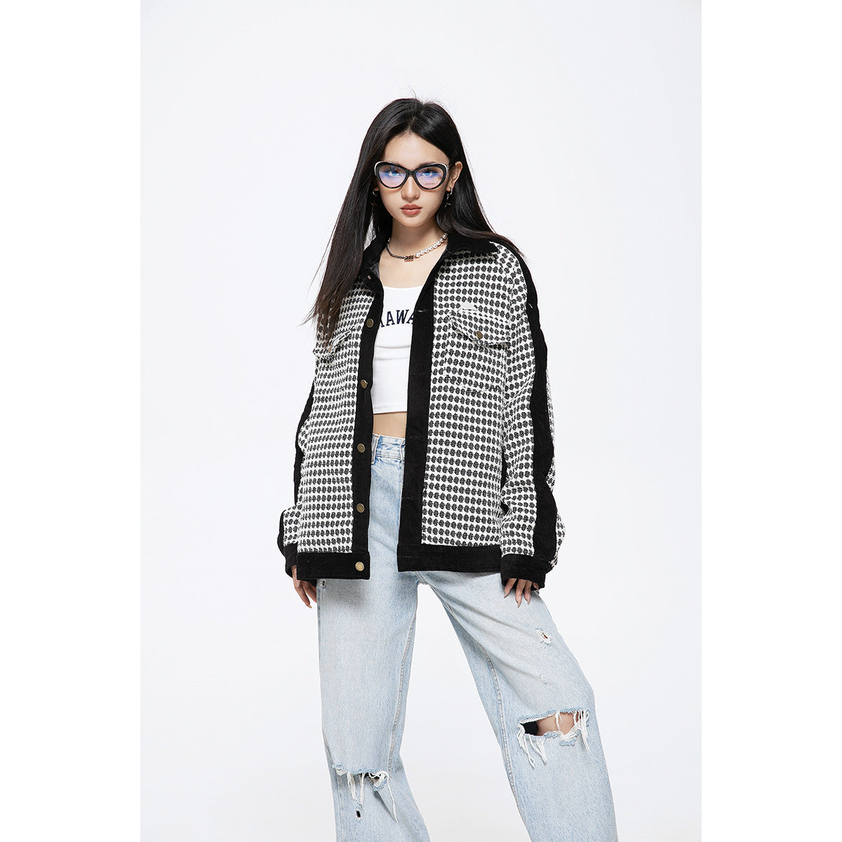 Retro Color Contrast Patchwork Polo Collar Jacket