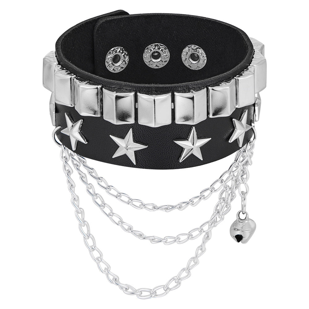 Rivet Star Pentagram Wrap Silver Multi-layered Chains Leather Bracelet Women Pentagram Wrap Bracelet Wristband For Women Hip Hop Jewelry