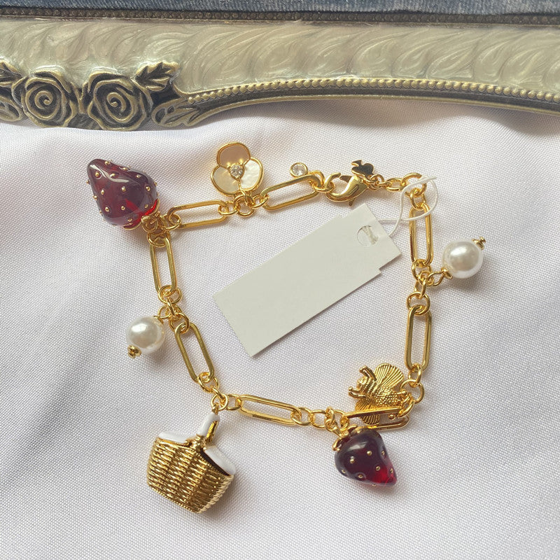 Rural Plant Red Resin Strawberry Pearl Gem Bracelet
