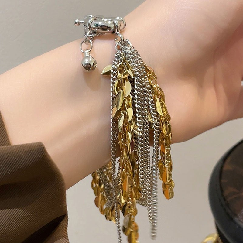 French Minority Design Smart Irregular Gold And Silver Two-tone Wheat Tassel Bracelet