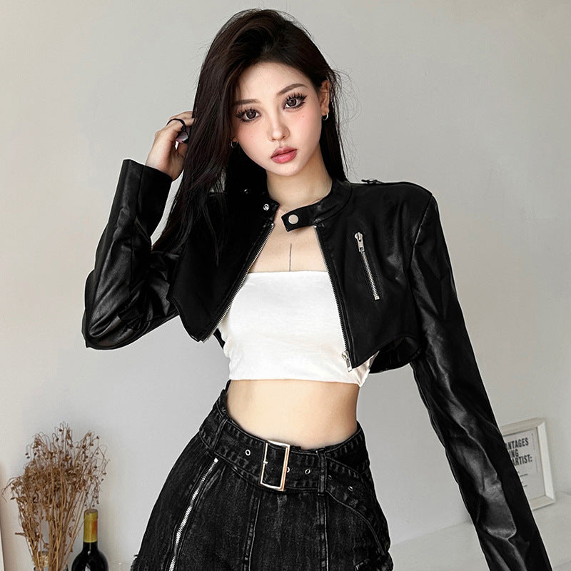 PU Leather Long-sleeved Women's High Waist Short Jacket