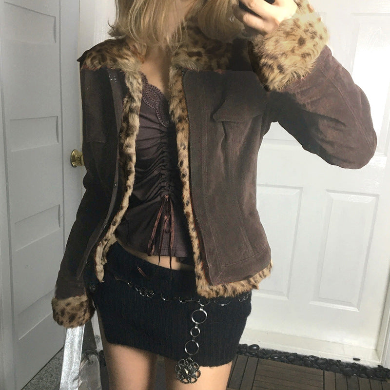 Retro Wild Hot Girl Leopard Fur Patchwork Pocket Jacket