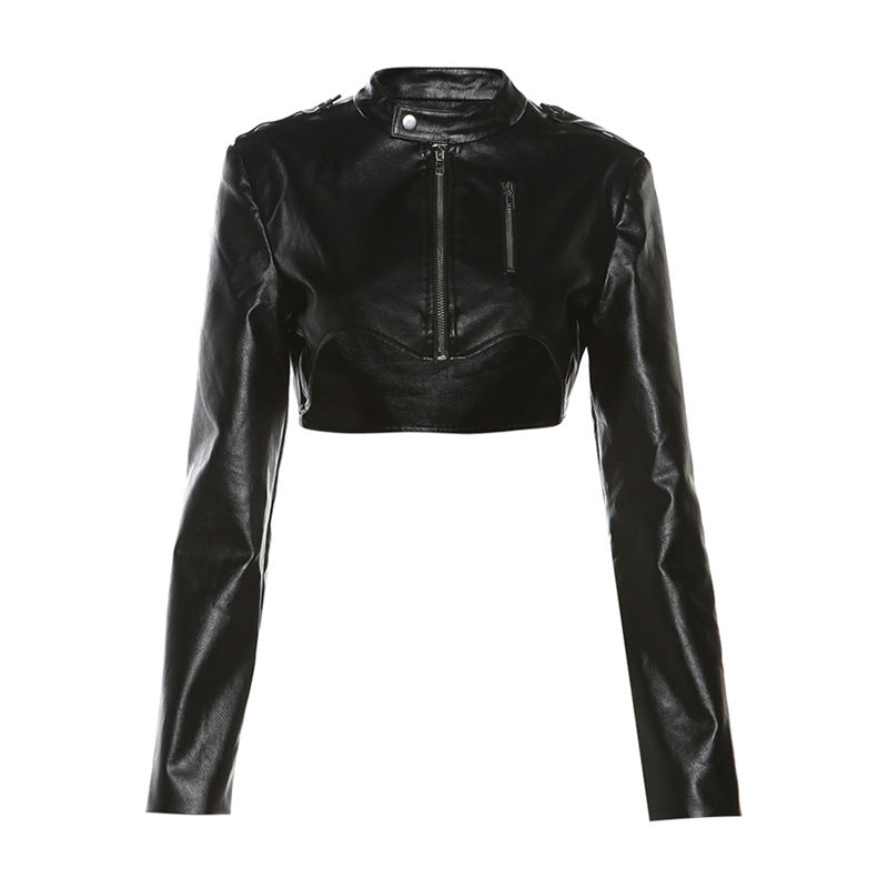 PU Leather Long-sleeved Women's High Waist Short Jacket
