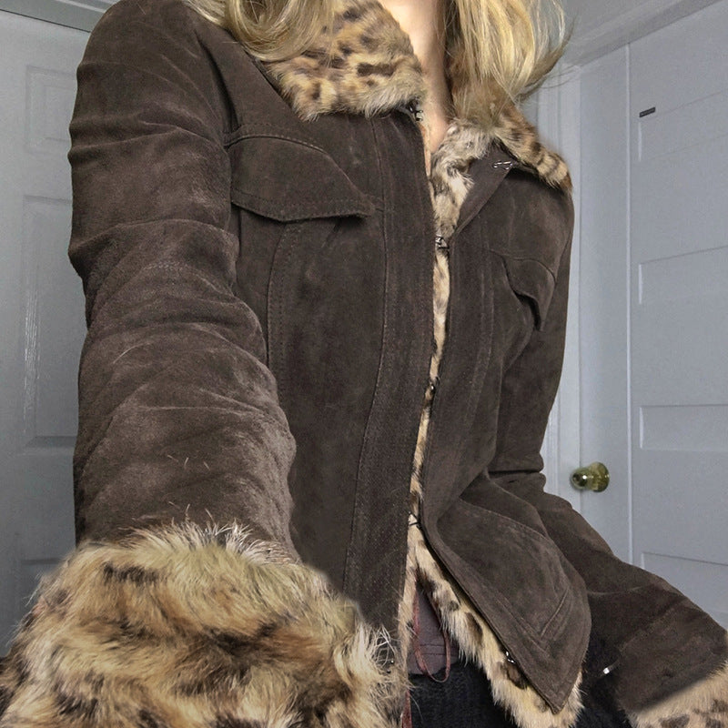 Retro Wild Hot Girl Leopard Fur Patchwork Pocket Jacket