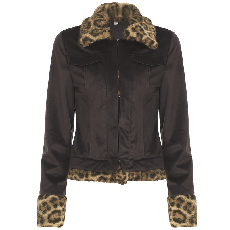 Retro Wild Hot Girl Leopard Fur Patchwork Pocket Jacket