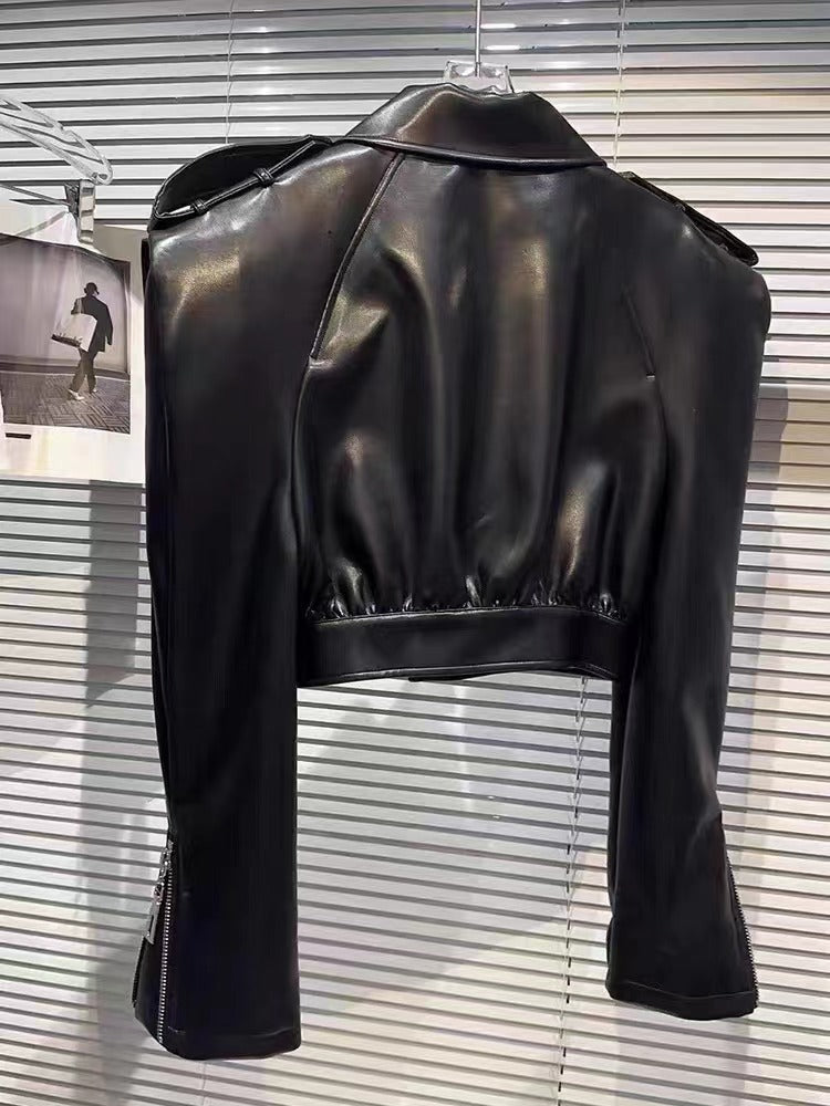 Short Motorcycle Clothing Leather Long-sleeved Coat Fried Street Fashion PU Leather Jacket