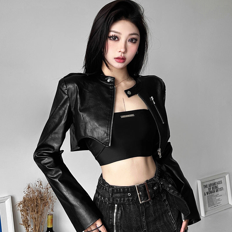 PU Leather Long-sleeved Women's High Waist Short Jacket