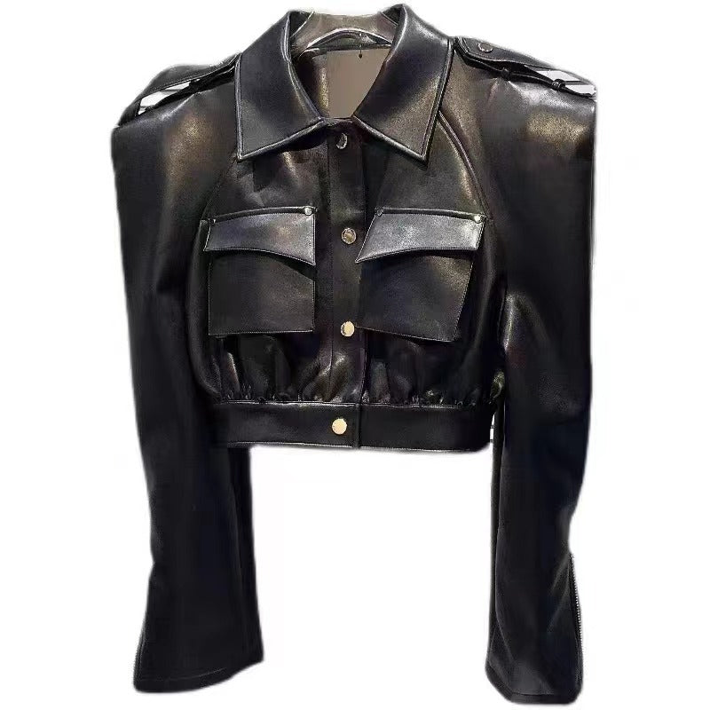 Short Motorcycle Clothing Leather Long-sleeved Coat Fried Street Fashion PU Leather Jacket