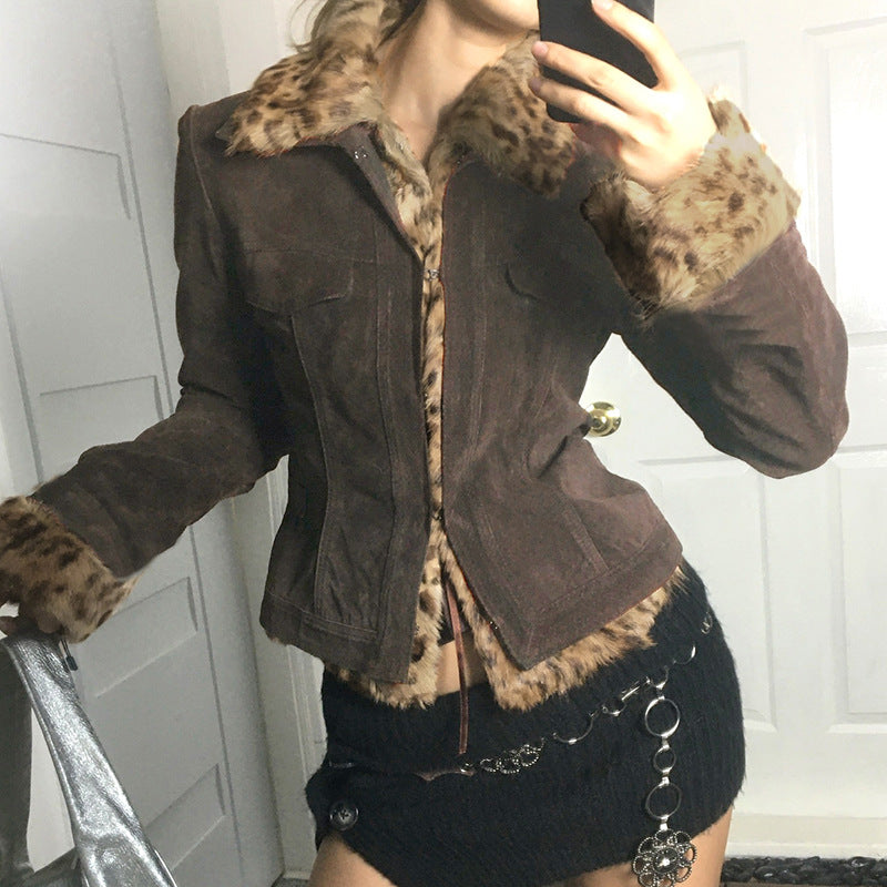 Retro Wild Hot Girl Leopard Fur Patchwork Pocket Jacket