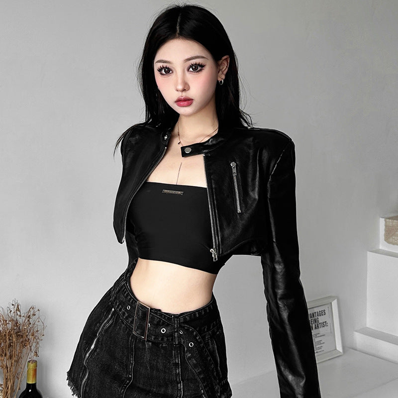 PU Leather Long-sleeved Women's High Waist Short Jacket