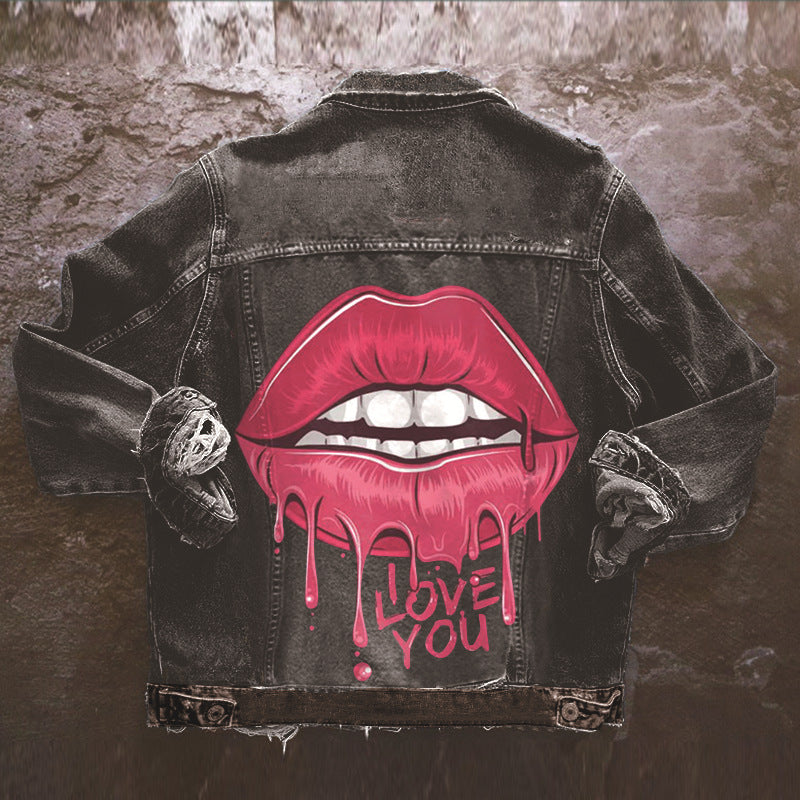 European And American Big Lips Fashion Casual Young Denim Coat