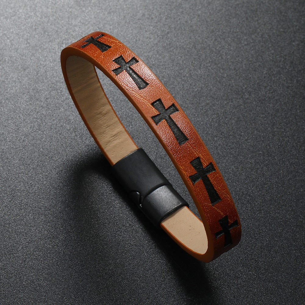 Alloy Leather Bracelet Printed Cross Magnetic Buckle Bracelet