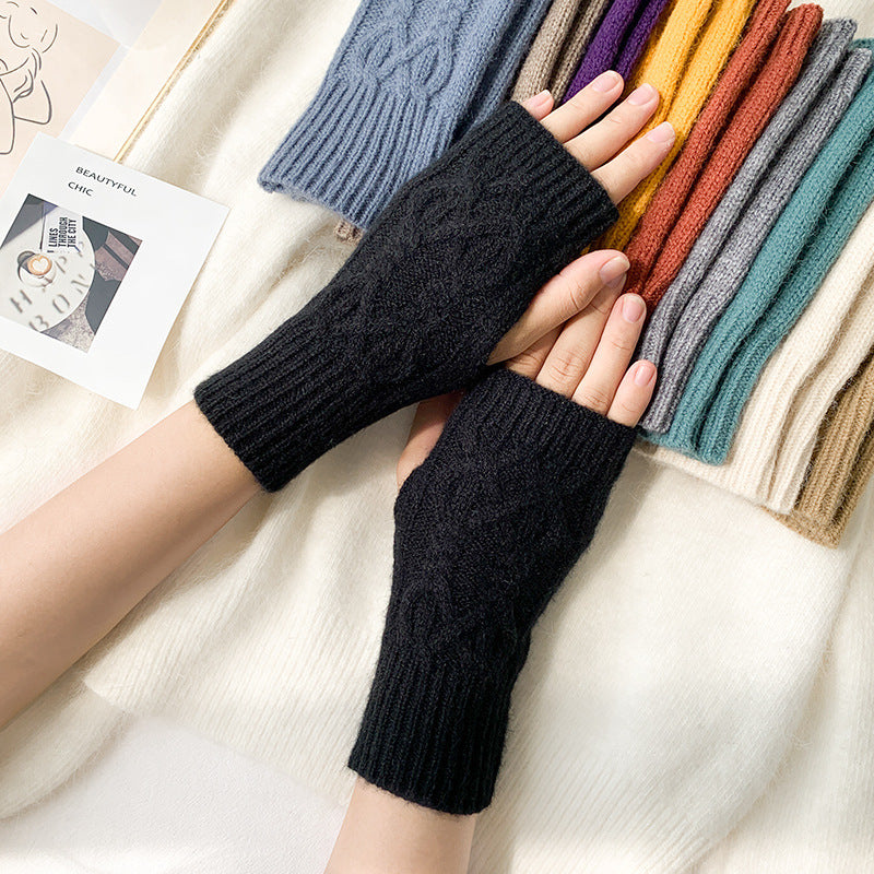 Women's Fashion Solid Color Half Finger Wool Gloves
