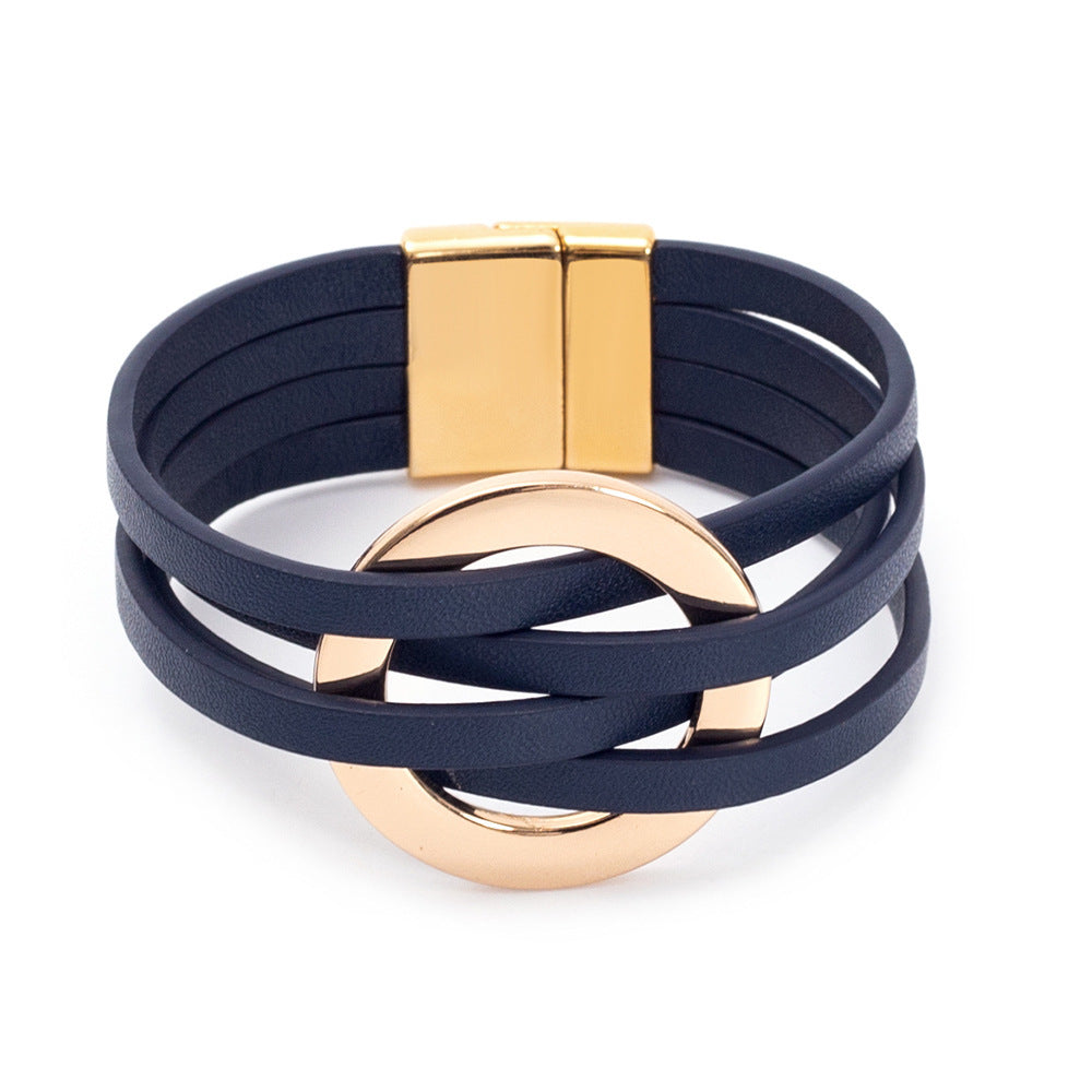 Cross Leather Women Bracelet Metal Big Ring Cuff Bangle Multi-layer Wristband Magnetic Snap Bangle