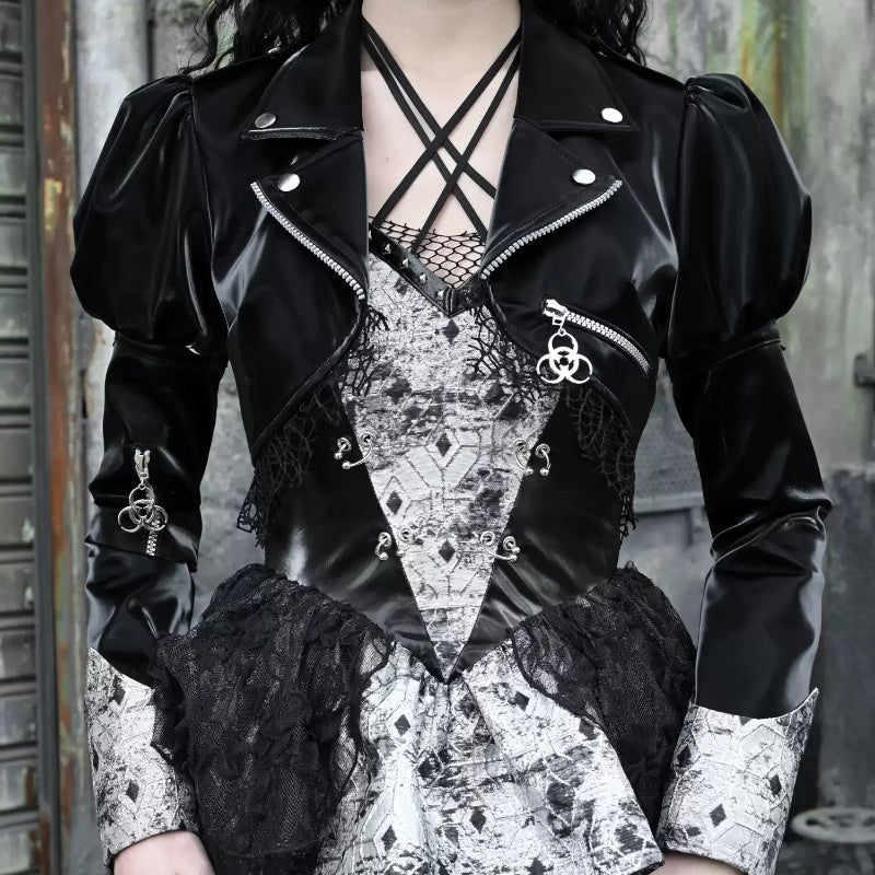 Niche PU Fishnet Stitching Long Sleeve Leather Coat