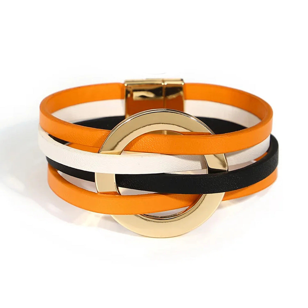 Cross Leather Women Bracelet Metal Big Ring Cuff Bangle Multi-layer Wristband Magnetic Snap Bangle