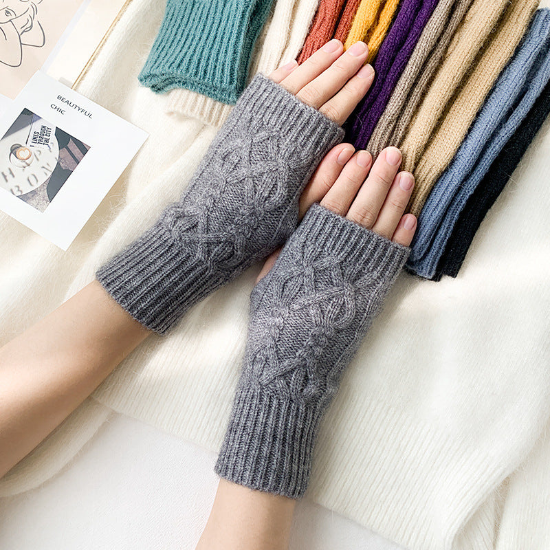 Women's Fashion Solid Color Half Finger Wool Gloves