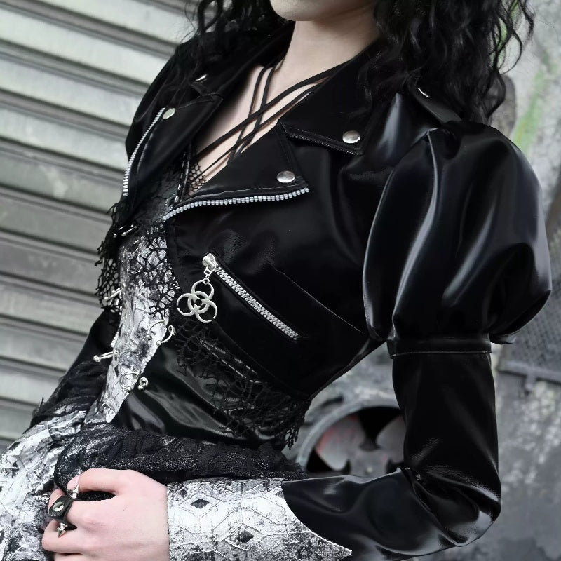 Niche PU Fishnet Stitching Long Sleeve Leather Coat